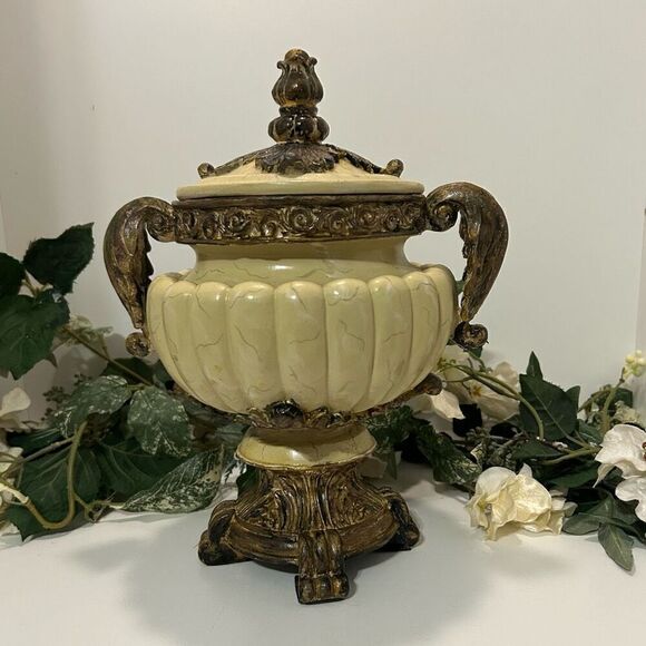 Antique Look Roman Greek Urn Planter Vase 9"x 11" Cream & Bronze Ornate With Lid - Picture 1 of 14